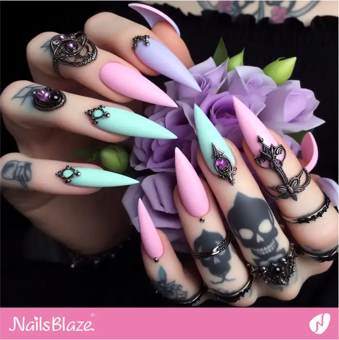 Embellished Pastel Goth Stiletto Nails for Easter | Easter Nails - NB3675